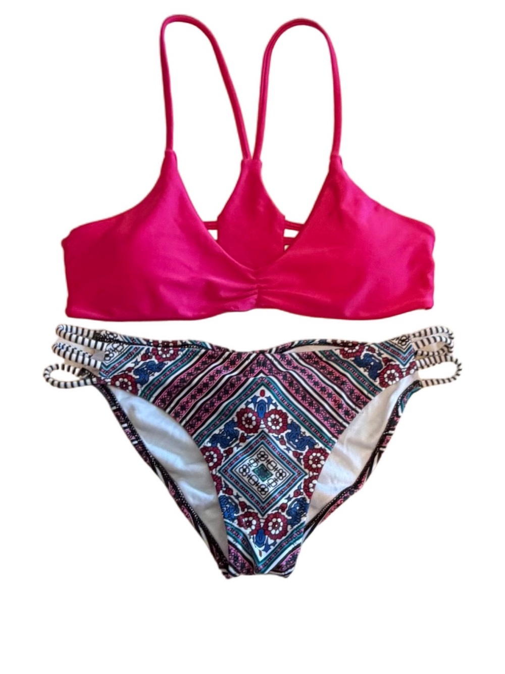 CUPSHE Hot Pink Strappy Bikini Set with Multi-Color Patterned Bottoms NWOTs